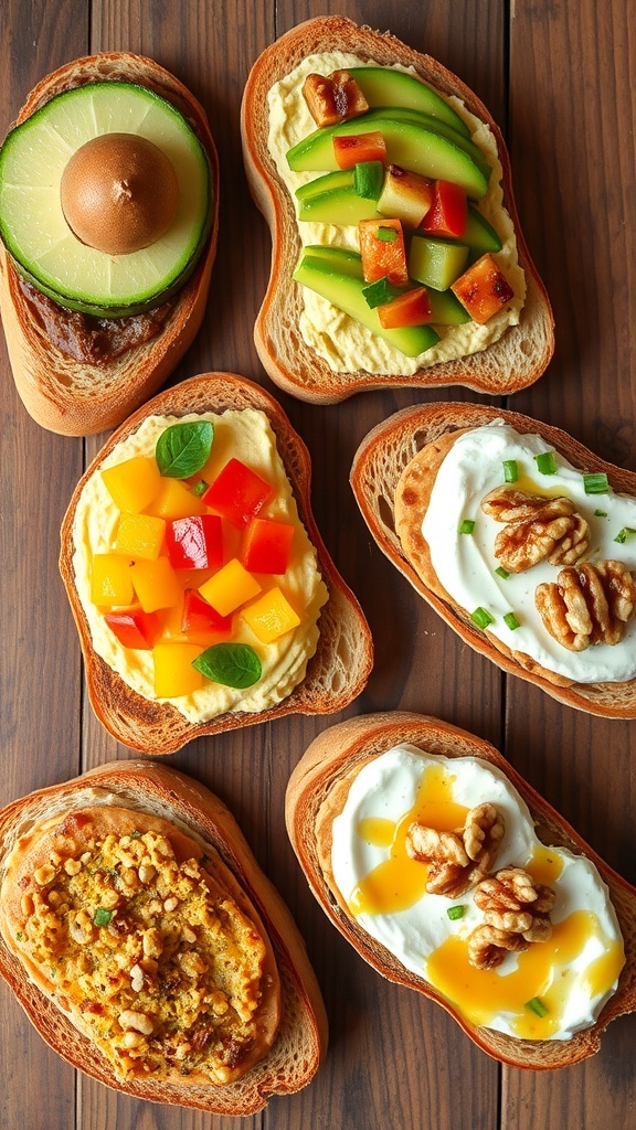 An array of bread slices topped with avocado, hummus, ricotta, and other toppings on a wooden table.
